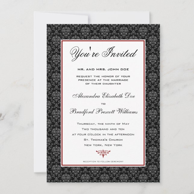 Elegant Damask Formal Wedding Invitation :: black (Front)