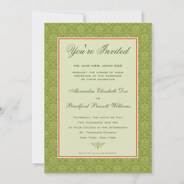 Elegant Damask Formal Wedding Invitation :: olive (Front)