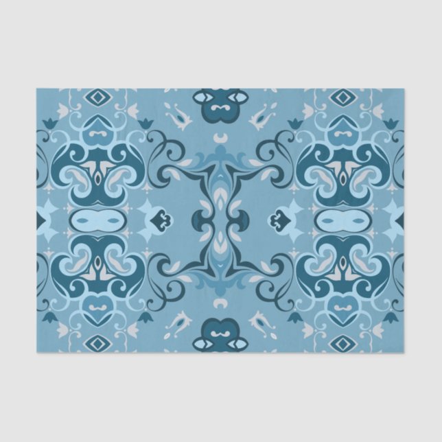 Elegant Damask Frosty Blue Winter Mosaic Pattern  Tissue Paper (Front)