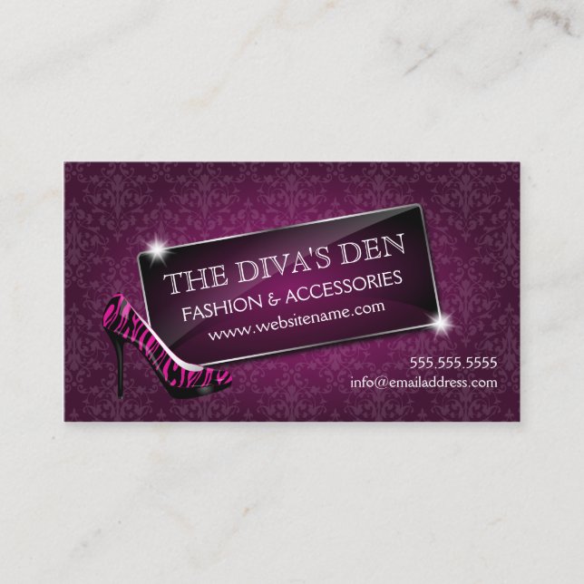 Elegant Damask Glass Jewel and Zebra Stiletto Business Card (Front)