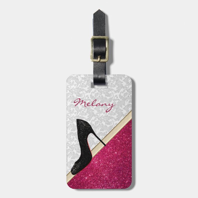 Elegant damask glittery high heel personalised luggage tag (Front Vertical)