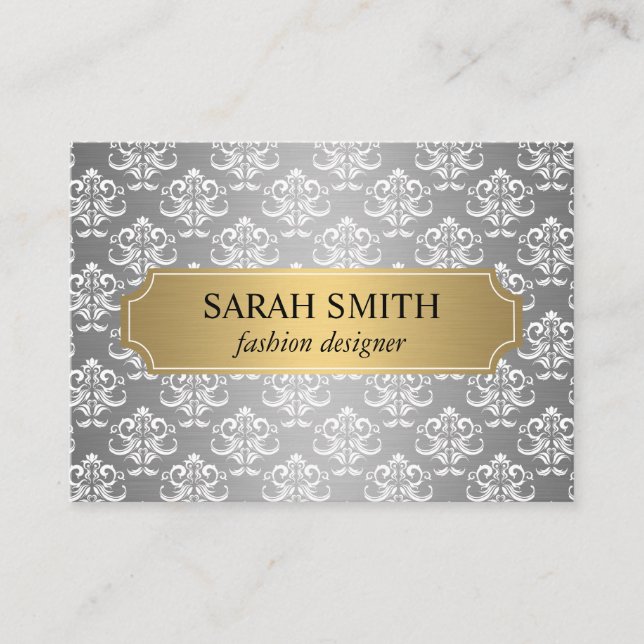 Elegant Damask / Gold Silver Metallic Business Card (Front)
