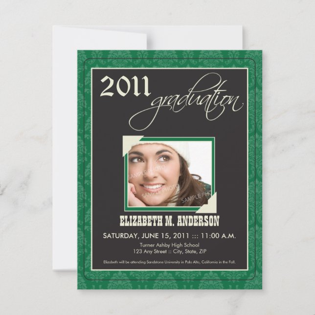 Elegant Damask Graduation Announcement (green) (Front)