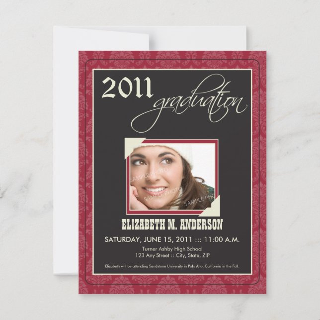 Elegant Damask Graduation Announcement (maroon) (Front)