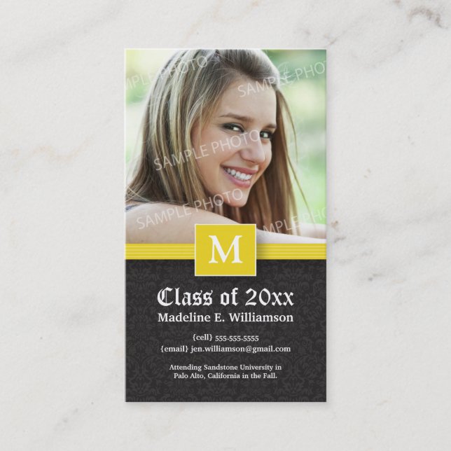 Elegant Damask Graduation Status Card (yellow) (Front)