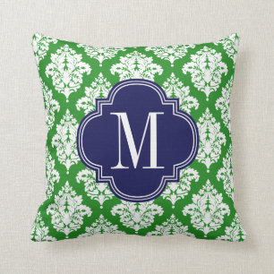 Elegant Damask Green & Navy Custom Monogrammed Cushion