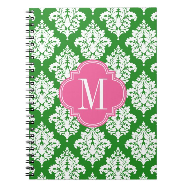 Elegant Damask Green & Pink Custom Monogrammed Spiral Notebook (Front)