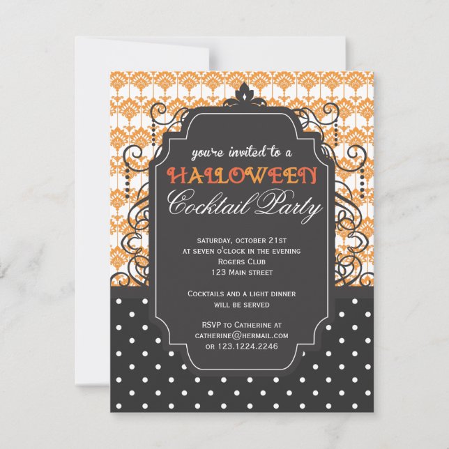 Elegant Damask Halloween Cocktail Party Invitation (Front)