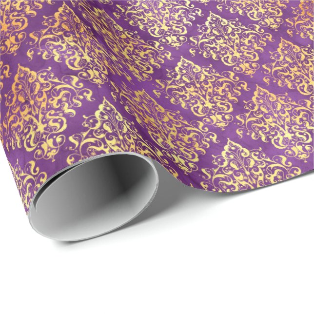 Elegant Damask Halloween Spell Gold Purple Pattern Wrapping Paper (Roll Corner)