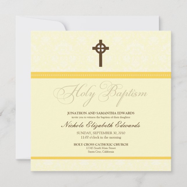 Elegant Damask Holy Baptism Invitation (yellow) (Front)
