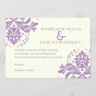 Elegant damask lavender, grey, ivory wedding invitation