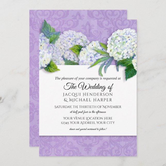 Elegant Damask Lavender n White Hydrangea Floral Invitation (Front/Back)