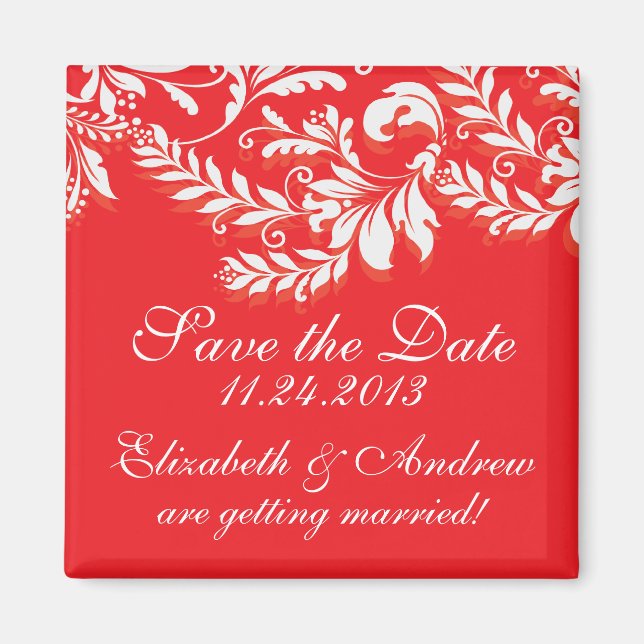 Elegant Damask Leaf Swirl Save The Date Magnet (Front)