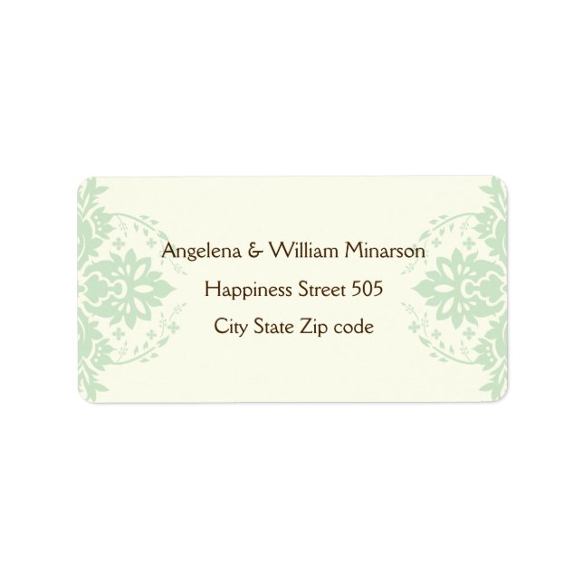 Elegant damask mint green, brown, ivory wedding label (Front)