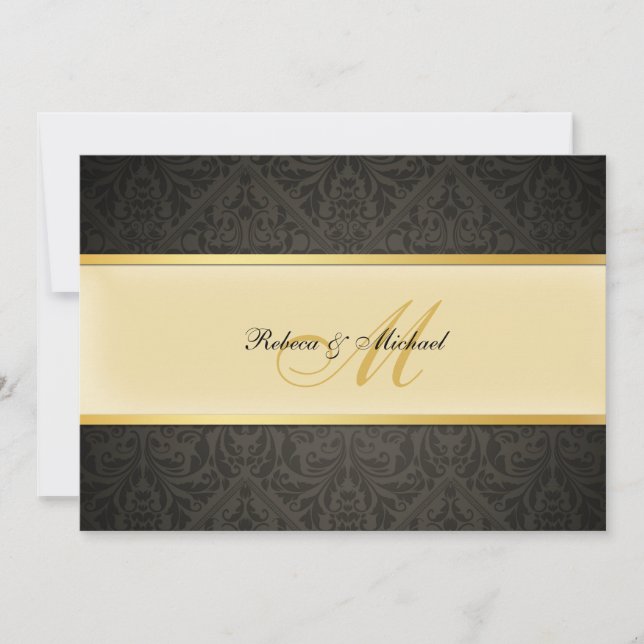 Elegant Damask Monogram Wedding Black and Gold Invitation (Front)