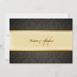 Elegant Damask Monogram Wedding Black and Gold Invitation