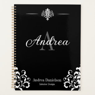 Elegant Damask Monogrammed Black and white Office Planner