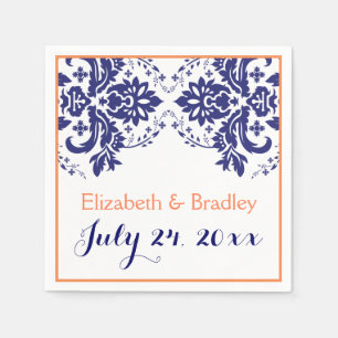 Elegant damask motif navy blue, coral wedding napkin