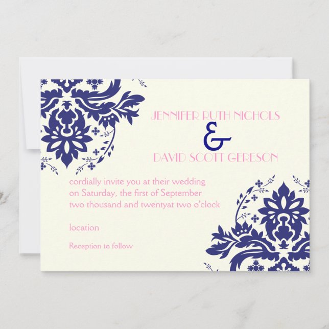 Elegant damask motif navy blue, pink wedding invitation (Front)