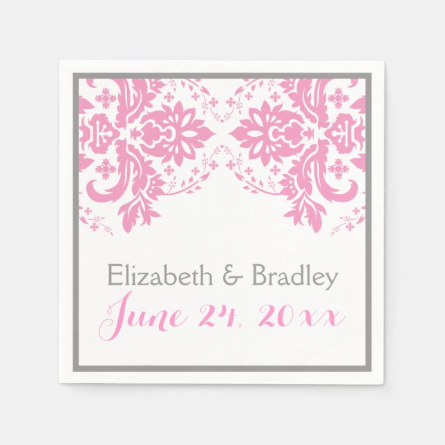 Elegant damask motif pink, grey wedding napkin (Front)