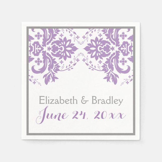 Elegant damask motif purple, grey wedding napkin (Front)