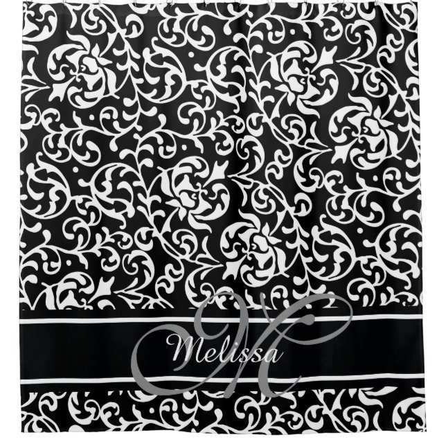 Elegant Damask Name and Monogram Black and White Shower Curtain (Front)