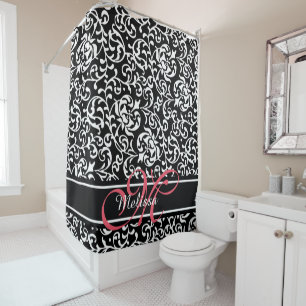 Elegant Damask Name and Monogram Black, Pink White Shower Curtain