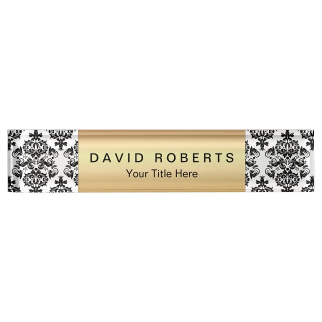Elegant Damask Pattern Modern Gold Label Nameplate (Front)