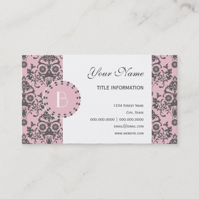 Elegant Damask Pattern with Monogram Business Card (Front)