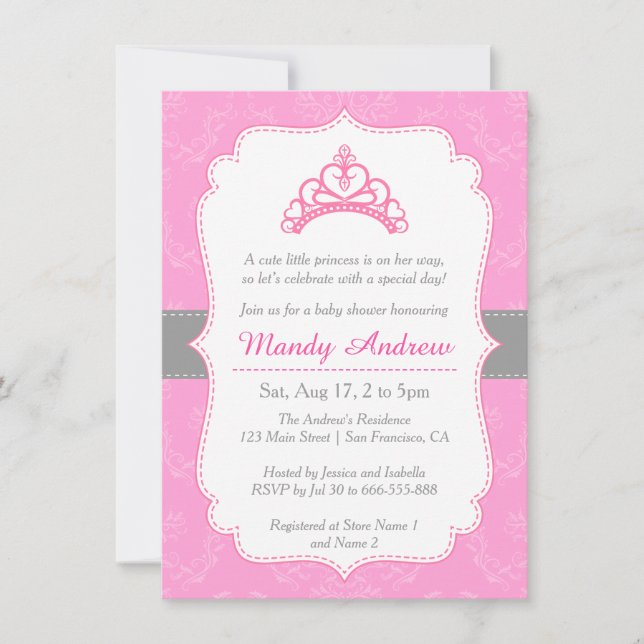 Elegant Damask, Princess Crown, Girl Baby Shower Invitation (Front)