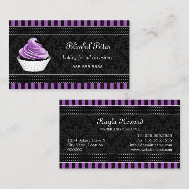 Elegant Damask Purple Cupcake Bakery Business Card (Front/Back)