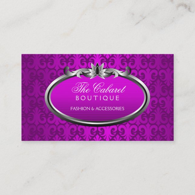 Elegant Damask Purple Silver Shimmer Business Card (Front)