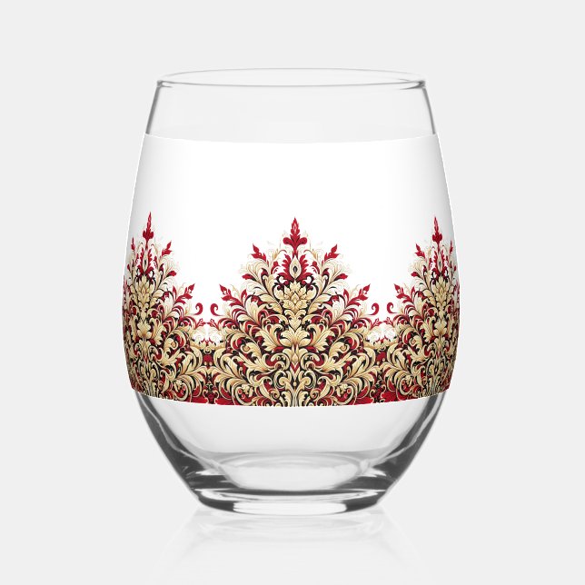 Elegant Damask Red and Gold Pattern Stemless Wine Glass (Front)
