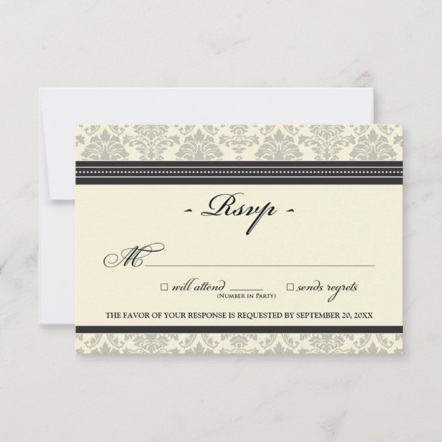 Elegant Damask RSVP Card (black/cream) (Front)