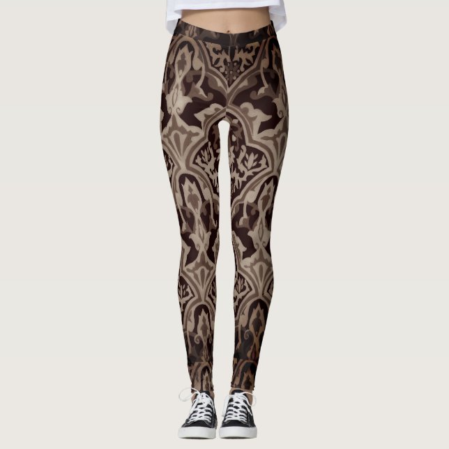 Elegant Damask sepia pattern Leggings (Front)