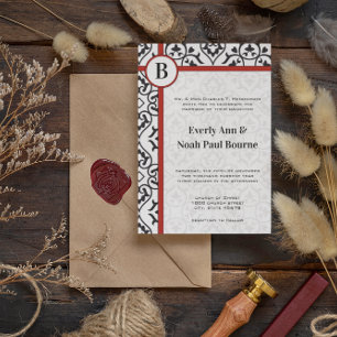 Elegant Damask Side Borders Red Trim Wedding Invitation