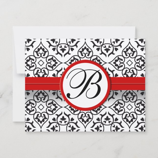 Elegant Damask Side Borders Red Trim Wedding RSVP Card (Front)