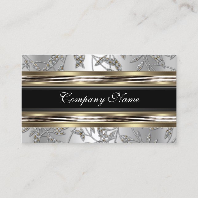 Elegant Damask Silver Pewter Chrome Metal Black Business Card (Front)