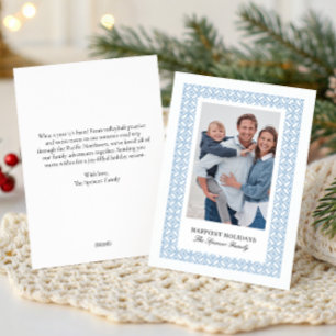 Elegant Damask Single Photo Christmas Blue Holiday Card