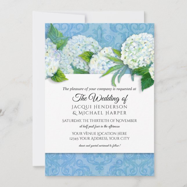 Elegant Damask Sky Blue Hydrangea Floral Wedding Invitation (Front)