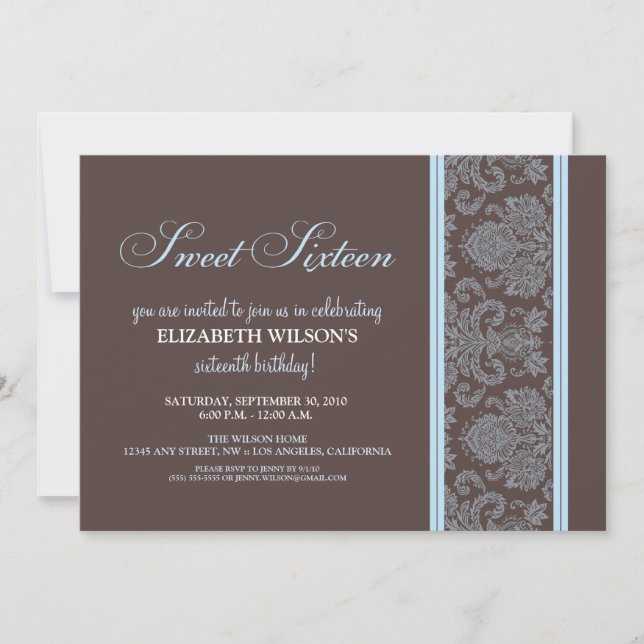 Elegant Damask Sweet 16 Birthday Invite (blue) (Front)
