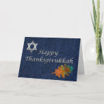 Elegant Damask Thanksgivukkah Custom Holiday Card<br><div class="desc">Beautiful custom Thanksgivukkah greeting card done in a blue on blue damask pattern,  with graphic artwork of a silver tone Star of David,  and a Fall leaf.  Silver tone graphic text,  on the front reads,  Happy Thanksgivukkah.  Personalise the text inside to read what you want.</div>