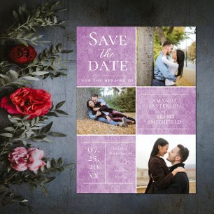 Elegant Damask Three Photo Collage Magenta Save The Date