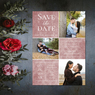 Elegant Damask Three Photo Collage   Pink Save The Date