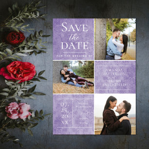 Elegant Damask Three Photo Collage Purple Save The Date