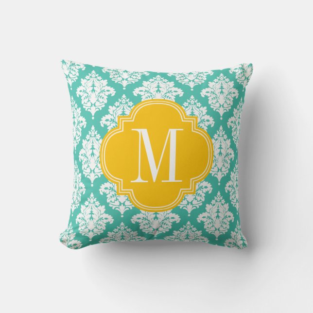 Elegant Damask Turquoise & Yellow Custom Monogramm Cushion (Front)