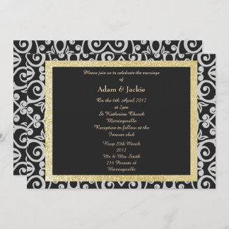 ELEGANT Damask WEDDING BLACK SILVER MODERN Invitation