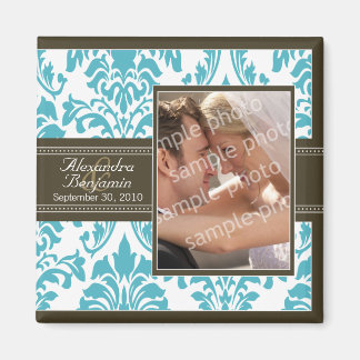 Elegant Damask Wedding Favour Magnet: aqua/brown Magnet