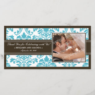 Elegant Damask Wedding Thank You Photocard: aqua Card