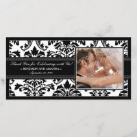 Elegant Damask Wedding Thank You Photocard: black